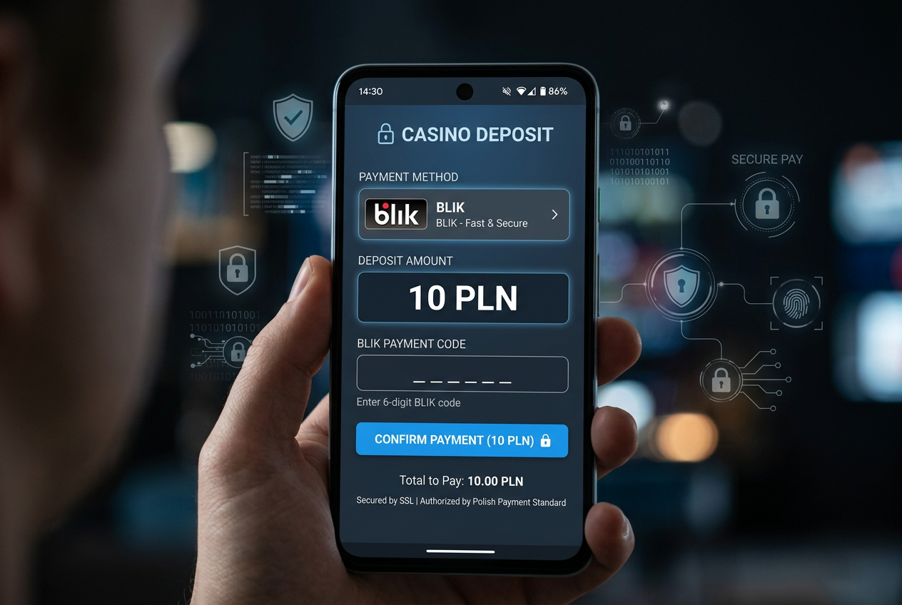 Pracownik banku prezentujący logo BLIK na smartfonie w kontekście szybkich wpłat do kasyna online