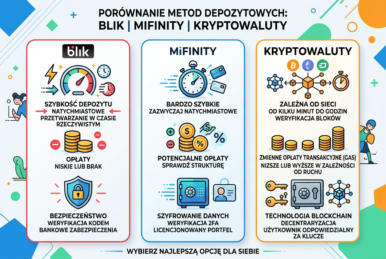 Infografika przedstawiająca porównanie czasu i kosztów depozytu różnymi metodami w kasynie online