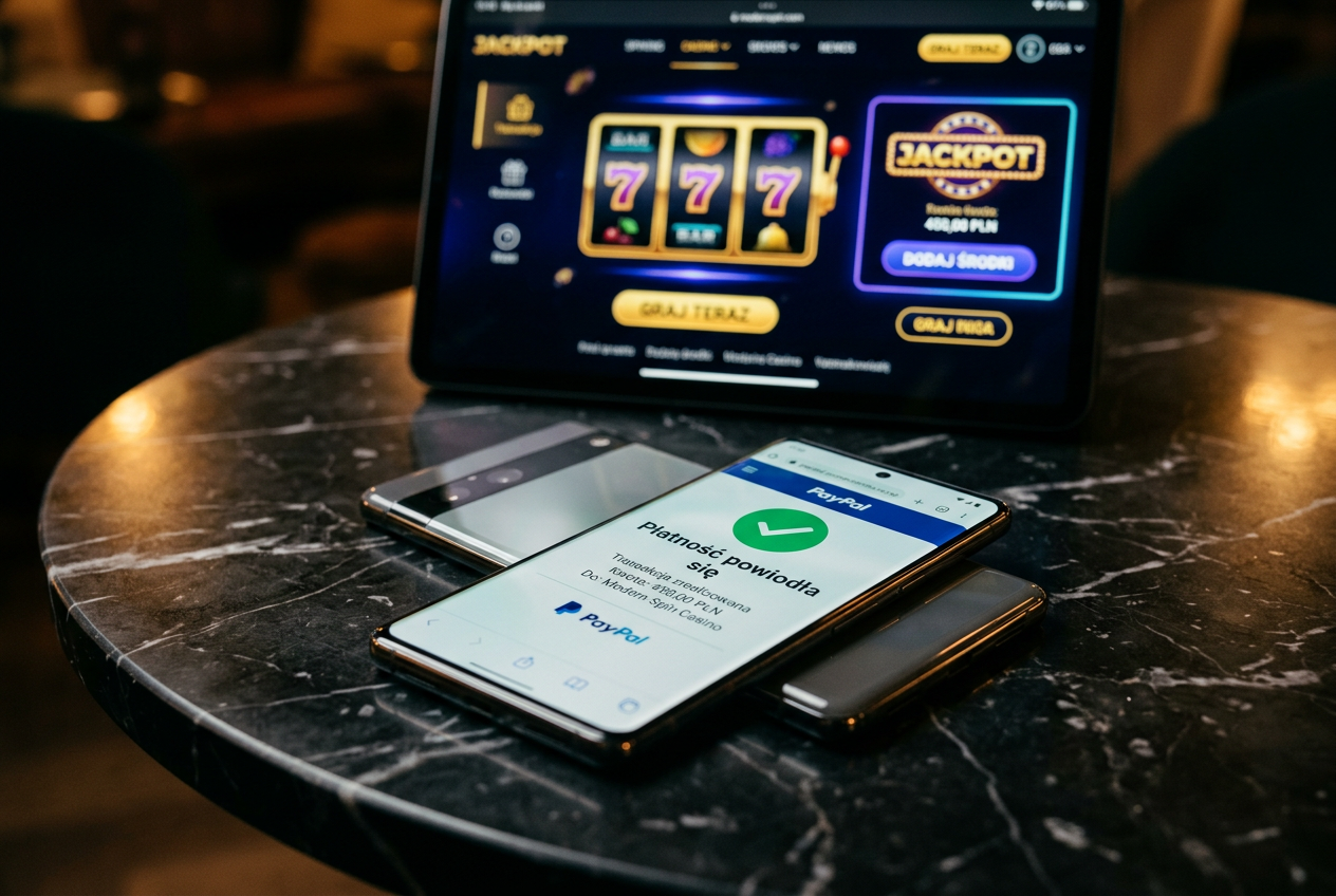 Zbliżenie na smartfon z potwierdzeniem płatności PayPal w kasynie online