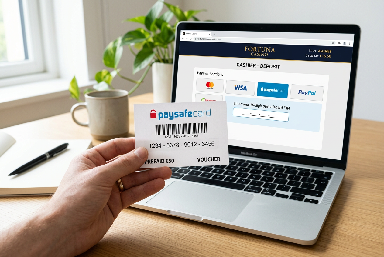 Osoba trzymająca kartę Paysafecard przed ekranem laptopa z otwartym kasynem online