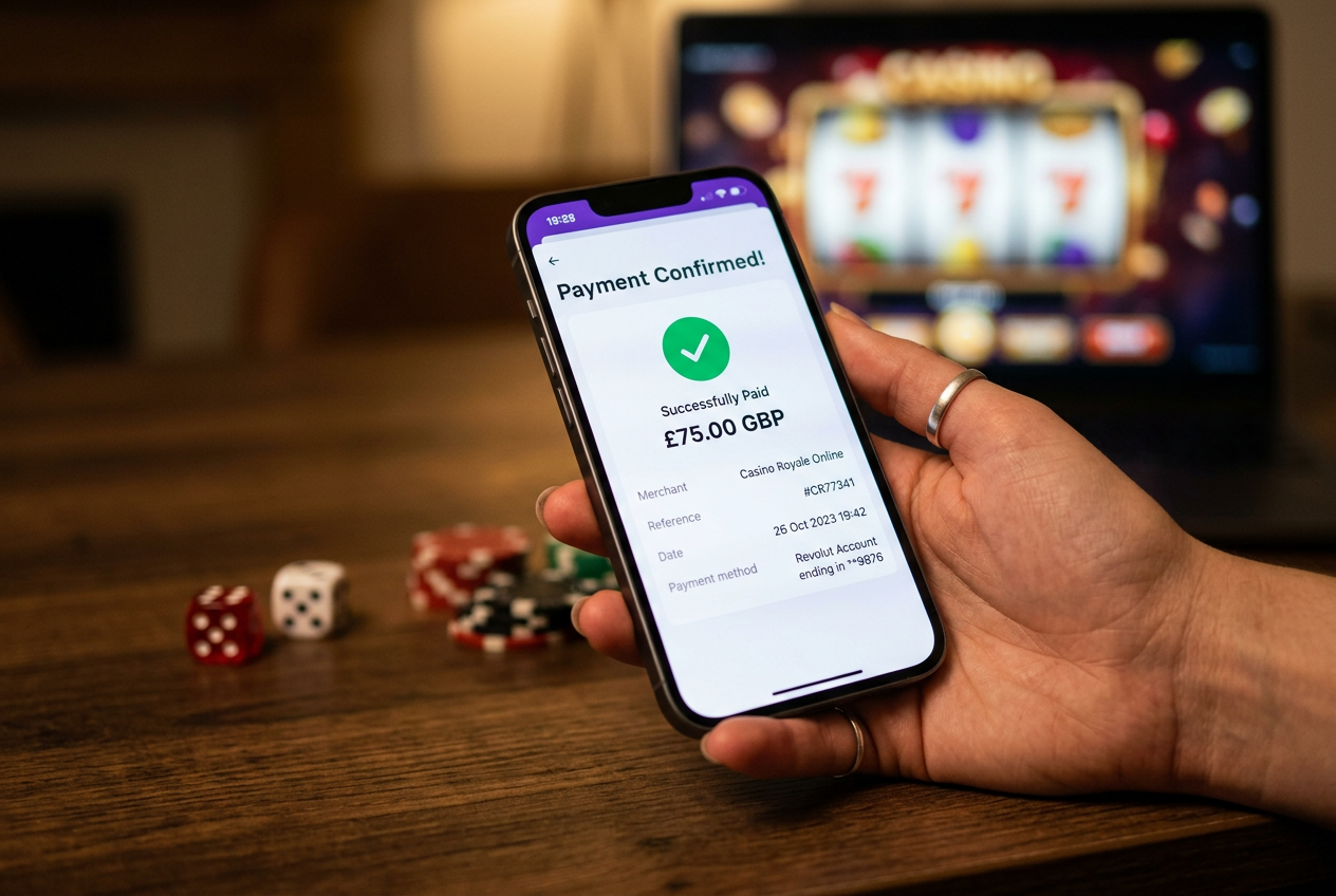 Modern Revolut card on a smartphone screen showing a casino deposit confirmation with neon lights