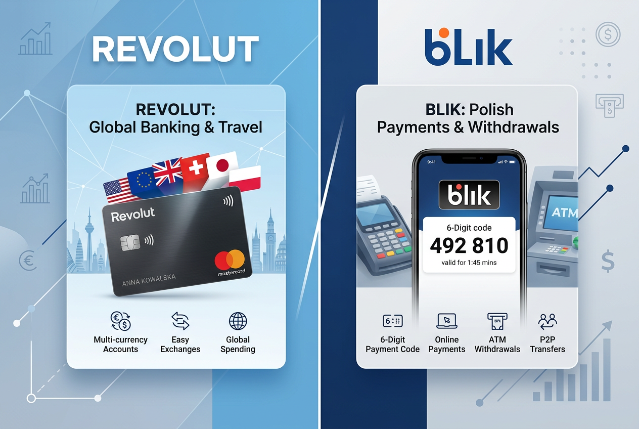 Comparison graphic showing Revolut app features against traditional bank icons and the BLIK logo